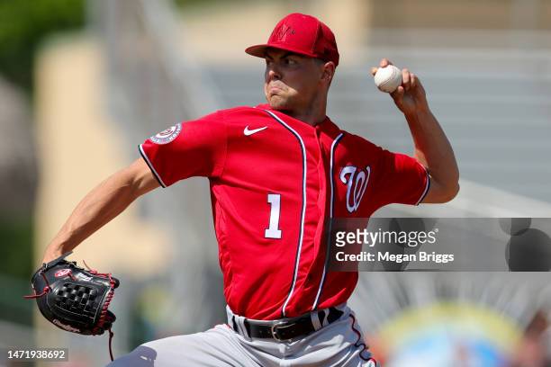 MacKenzie Gore of the Washington Nationals delivers a pitch against the Miami Marlins during the second inning of the spring training game at Roger...