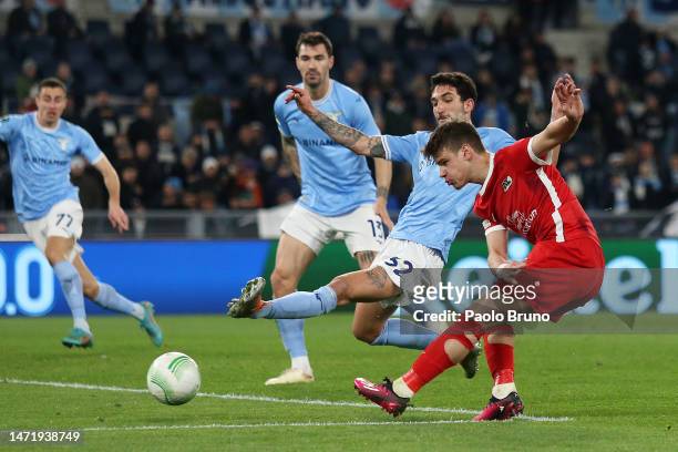 Milos Kerkez of AZ Alkmaar scores the team's second goal during the UEFA Europa Conference League round of 16 leg one match between SS Lazio and AZ...