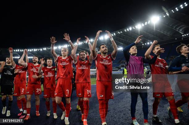 Alkmaar players celebrates the victory at the end of the UEFA Europa Conference League round of 16 leg one match between SS Lazio and AZ Alkmaar at...