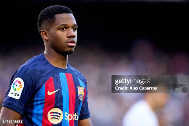 Ansu Fati of FC Barcelona looks on during the LaLiga Santander match between FC Barcelona and Valencia CF at Spotify Camp Nou on March 05, 2023 in...