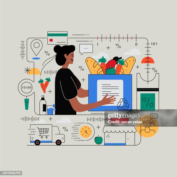 grocery concept. the design is editable and the color can be changed. vector set of creativity icons: bakery , fish , meat , chicken , coffee ,  shopping basket , egg - delivering groceries stock illustrations