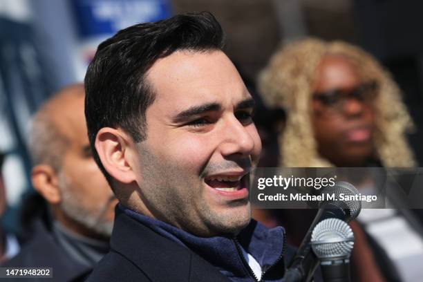 Assemblyman Jarett Gandolfo speaks during a press conference at the entrance to the Rikers Island jail on March 07, 2023 in New York City. Lawmakers...