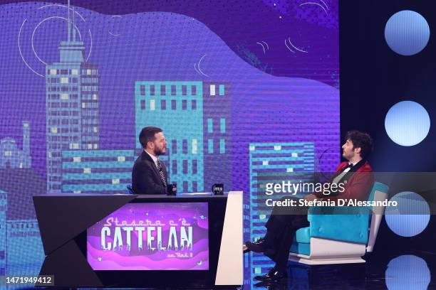 Alessandro Cattelan and Lino Guanciale attend the "Stasera C'è Cattelan" Tv Show on March 07, 2023 in Milan, Italy.