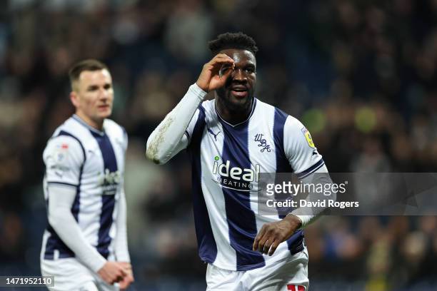 Daryl Dike of West Bromwich Albion celebrates after scoring the team's first goal during the Sky Bet Championship between West Bromwich Albion and...