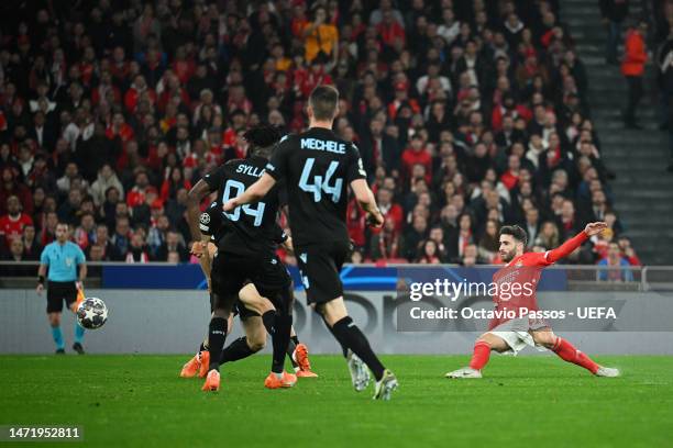 Rafa Silva of SL Benfica scores the team's first goal during the UEFA Champions League round of 16 leg two match between SL Benfica and Club Brugge...