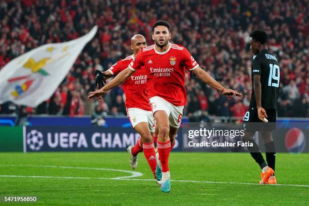 Goncalo Ramos of SL Benfica celebrates after scoring the team's second goal during the UEFA Champions League round of 16 leg two match between SL...