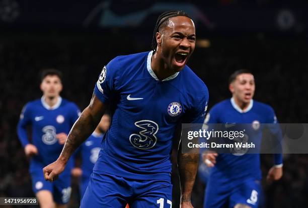 Raheem Sterling of Chelsea celebrates after scoring the team's first goal with teammates during the UEFA Champions League round of 16 leg two match...