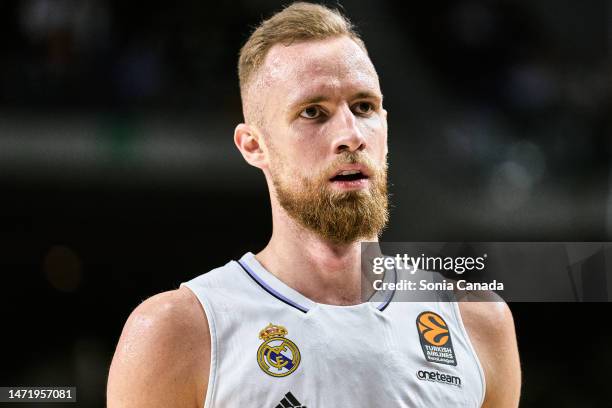 Dzanan Musa of Real Madrid reacts during the 2022/2023 Turkish Airlines EuroLeague match between Real Madrid and Cazoo Baskonia Vitoria Gasteiz at...