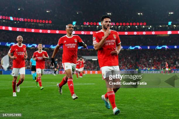 Goncalo Ramos of SL Benfica celebrates after scoring the team's second goal during the UEFA Champions League round of 16 leg two match between SL...