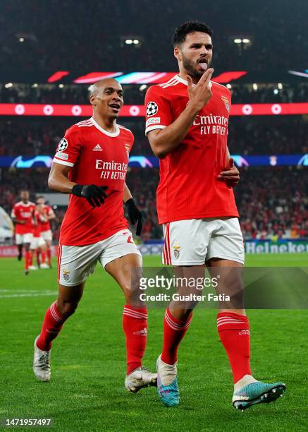 Goncalo Ramos of SL Benfica celebrates after scoring the team's second goal during the UEFA Champions League round of 16 leg two match between SL...