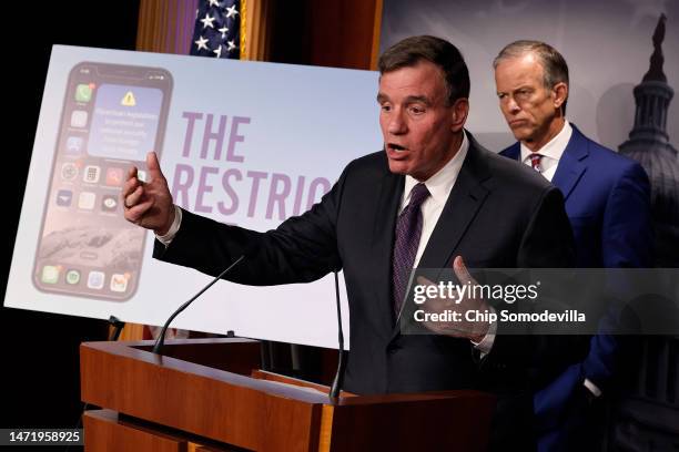 Senate Select Committee on Intelligence Chairman Mark Warner is joined by Senate Minority Whip John Thune to introduce the Restrict Act at the U.S....