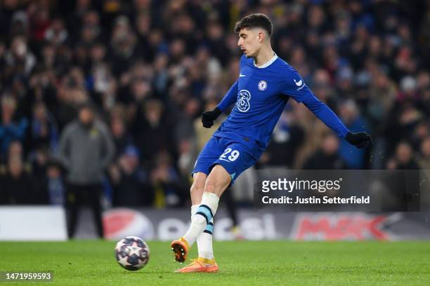 Kai Havertz of Chelsea scores the team's second goal from their second penalty kick during the UEFA Champions League round of 16 leg two match...