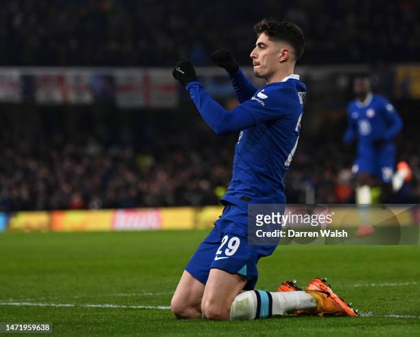 Kai Havertz of Chelsea celebrates after scoring the team's second goal, after retaking their penalty kick, during the UEFA Champions League round of...