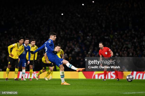 Kai Havertz of Chelsea scores the team's second goal from their second penalty kick during the UEFA Champions League round of 16 leg two match...