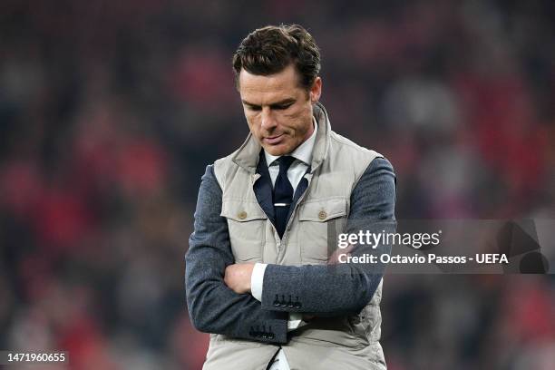 Scott Parker, Head Coach of Club Brugge KV, reacts during the UEFA Champions League round of 16 leg two match between SL Benfica and Club Brugge KV...