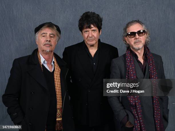 Glen Matlock, Clem Burke and Tony James attend the "Dog Day" Afternoon Launch Event at The 100 Club on March 07, 2023 in London, England.