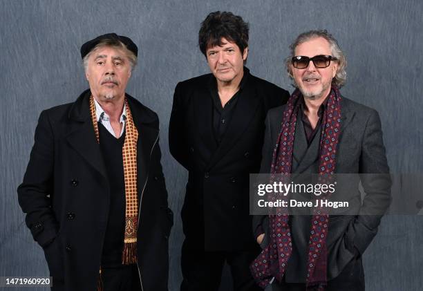 Glen Matlock, Clem Burke and Tony James attend the "Dog Day" Afternoon Launch Event at The 100 Club on March 07, 2023 in London, England.