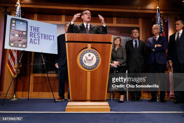 Senate Select Committee on Intelligence Chairman Mark Warner talks to reporters while introducing the Restrict Act with Sen. Joe Manchin , Sen. Tammy...