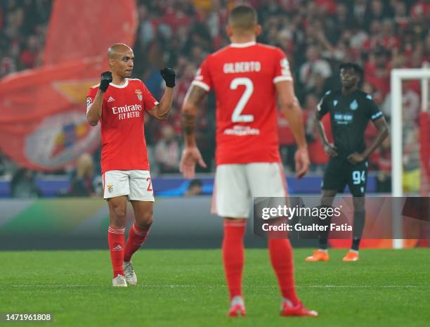 Joao Mario of SL Benfica celebrates after scoring the team's fourth goal from a penalty kick during the UEFA Champions League round of 16 leg two...