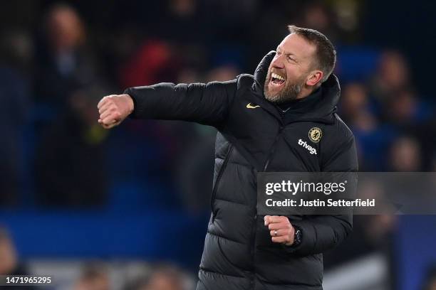Graham Potter, Manager of Chelsea, celebrates after the UEFA Champions League round of 16 leg two match between Chelsea FC and Borussia Dortmund at...