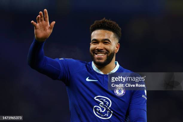 Reece James of Chelsea acknowledges the fans after the UEFA Champions League round of 16 leg two match between Chelsea FC and Borussia Dortmund at...