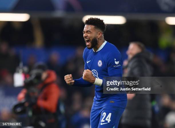 Reece James of Chelsea celebrates after the UEFA Champions League round of 16 leg two match between Chelsea FC and Borussia Dortmund at Stamford...