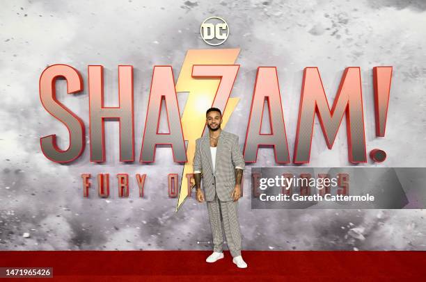 Aston Merrygold attending the UK special screening of "Shazam! Fury Of The Gods" at Cineworld Leicester Square on March 07, 2023 in London, England.