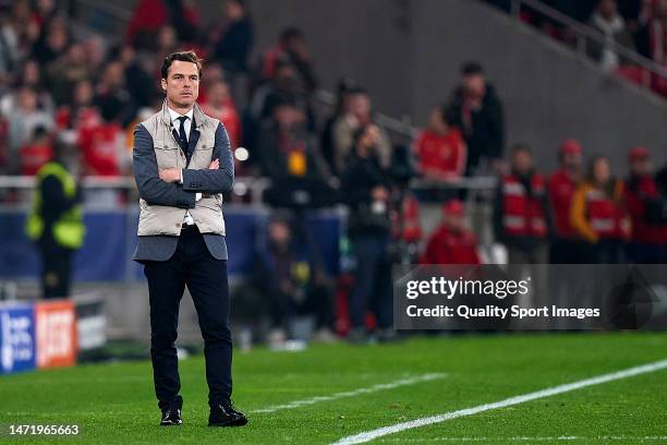 Scott Parker, Head Coach of Club Brugge KV reacts during the UEFA Champions League round of 16 leg two match between SL Benfica and Club Brugge KV at...