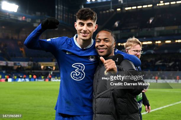 Kai Havertz celebrates with Raheem Sterling of Chelsea after the UEFA Champions League round of 16 leg two match between Chelsea FC and Borussia...
