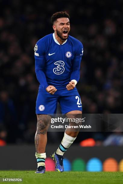 Reece James of Chelsea celebrates after the UEFA Champions League round of 16 leg two match between Chelsea FC and Borussia Dortmund at Stamford...