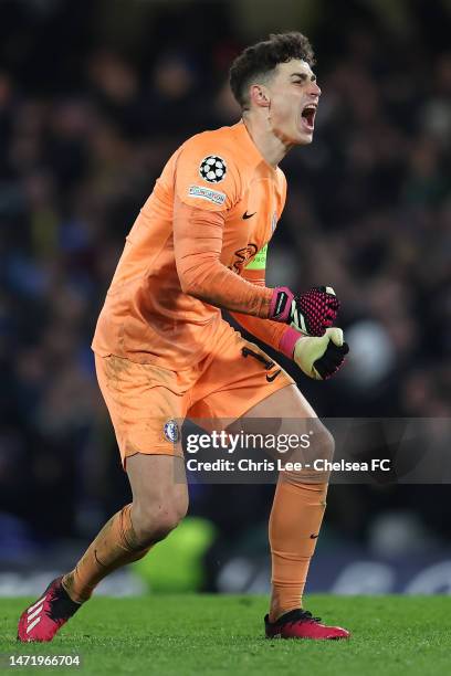 Kepa Arrizabalaga of Chelsea celebrates after the UEFA Champions League round of 16 leg two match between Chelsea FC and Borussia Dortmund at...