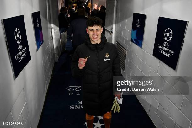Kepa Arrizabalaga of Chelsea celebrates in the tunnel after the UEFA Champions League round of 16 leg two match between Chelsea FC and Borussia...