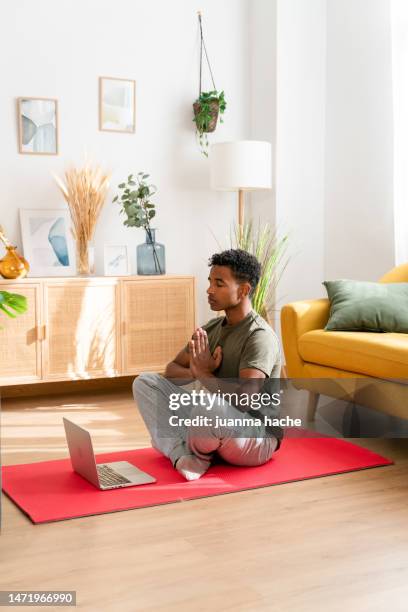 side view of african american male sitting on mat and browsing laptop while resting in cozy living room at home - putzen stockfoto's en -beelden