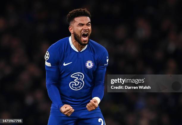 Reece James of Chelsea celebrates after the UEFA Champions League round of 16 leg two match between Chelsea FC and Borussia Dortmund at Stamford...