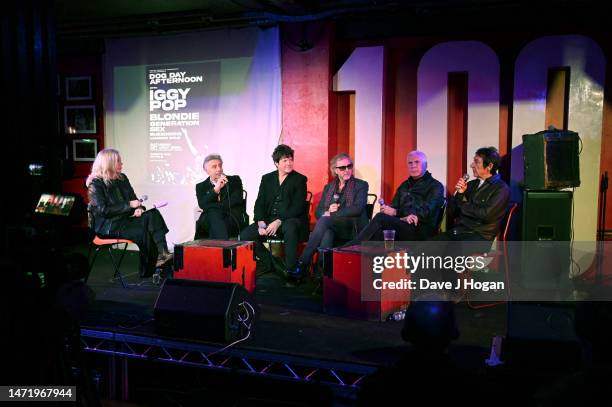 Glen Matlock, Clem Burke, Tony James, John Giddings and Steve Diggle during the "Dog Day" Afternoon Launch Event at The 100 Club on March 07, 2023 in...