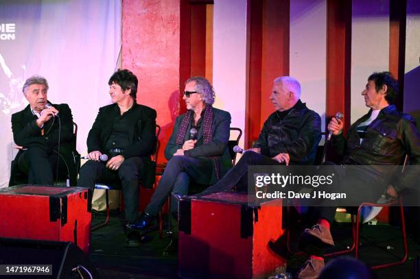 Glen Matlock, Clem Burke, Tony James, John Giddings and Steve Diggle during the "Dog Day" Afternoon Launch Event at The 100 Club on March 07, 2023 in...