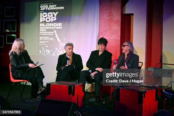 Glen Matlock, Clem Burke and Tony James during the "Dog Day" Afternoon Launch Event at The 100 Club on March 07, 2023 in London, England.