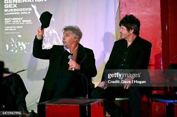 Glen Matlock and Clem Burke during the "Dog Day" Afternoon Launch Event at The 100 Club on March 07, 2023 in London, England.