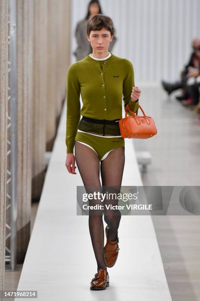 Model walks the runway during the Miu Miu Ready to Wear Fall/Winter 2023-2024 fashion show as part of the Paris Fashion Week on March 7, 2023 in...