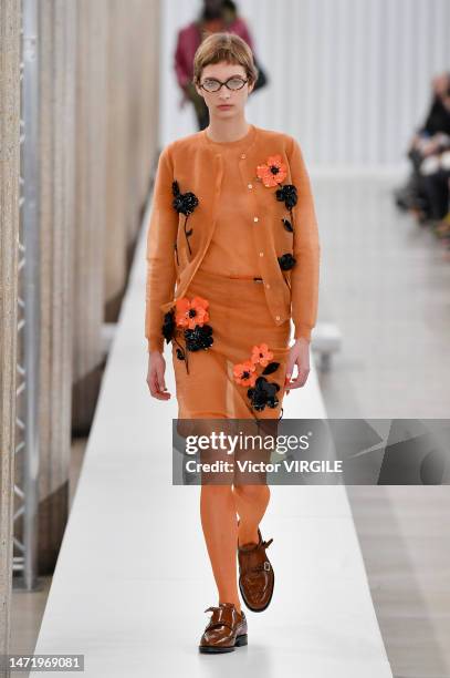 Model walks the runway during the Miu Miu Ready to Wear Fall/Winter 2023-2024 fashion show as part of the Paris Fashion Week on March 7, 2023 in...