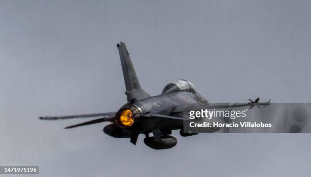 Fully armed Portuguese Air Force F-16 takes off on a mission from Beja Nr 11 Portuguese Air Force base during exercise Real Thaw 2023 on March 07,...
