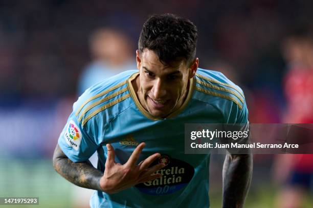 Hugo Mallo of Celta de Vigo reacts during the LaLiga Santander match between CA Osasuna and RC Celta at El Sadar Stadium on March 06, 2023 in...