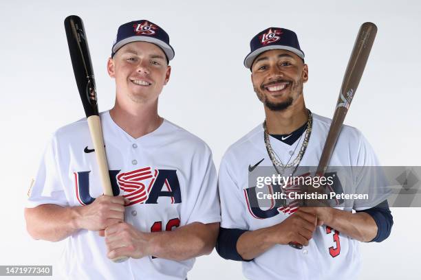 Will Smith and Mookie Betts of Team USA pose for a portrait ahead of the World Baseball Classic at Papago Park Sports Complex on March 07, 2023 in...