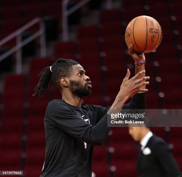 Nerlens Noel of the Brooklyn Nets warms up before playing the Houston Rockets at Toyota Center on March 07, 2023 in Houston, Texas. NOTE TO USER:...