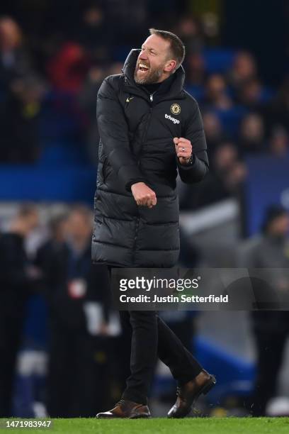 Graham Potter, Manager of Chelsea celebrates after winning the UEFA Champions League round of 16 leg two match between Chelsea FC and Borussia...