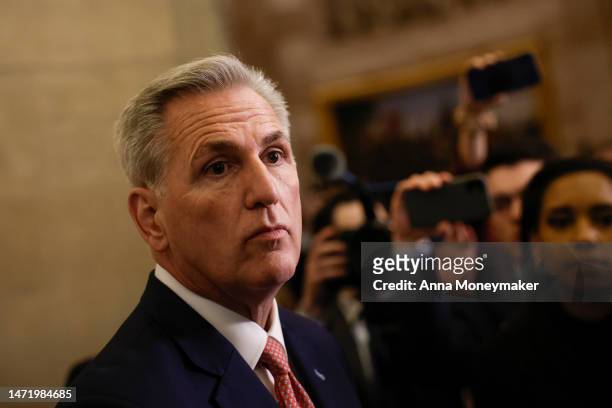 Speaker of the House Kevin McCarthy speaks to reporters outside of his office in the U.S. Capitol Building on March 07, 2023 in Washington, DC....
