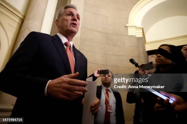 Speaker of the House Kevin McCarthy speaks to reporters outside of his office in the U.S. Capitol Building on March 07, 2023 in Washington, DC....