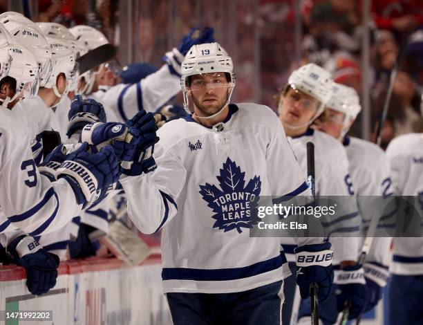 Calle Jarnkrok of the Toronto Maple Leafs celebrates his goal during the second period against the New Jersey Devils at Prudential Center on March...