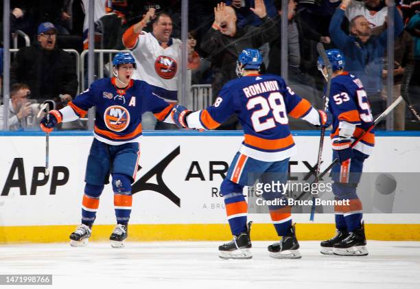 Josh Bailey of the New York Islanders celebrates his third period goal against the Buffalo Sabres at the UBS Arena on March 07, 2023 in Elmont, New...