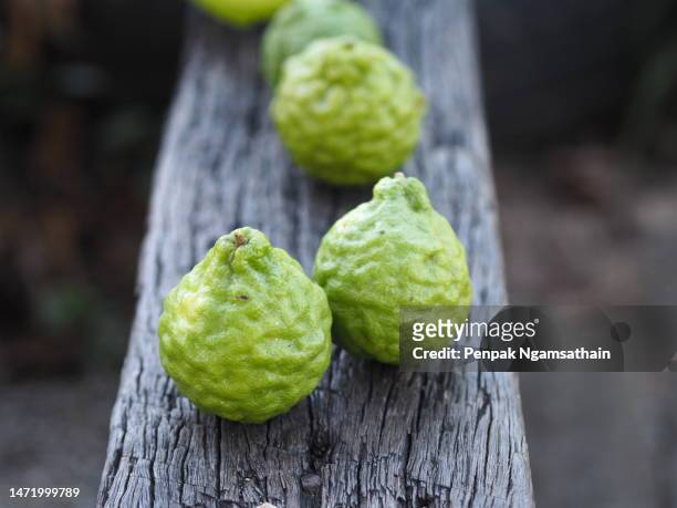 sweet kaffir lime on wood - kafferlimoen stockfoto's en -beelden
